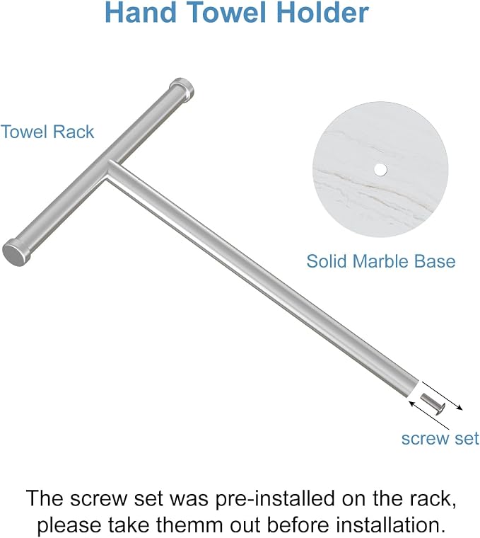 Hand Towel Holder for Bathroom, Freestanding Towel Stand, Brushed Nickel | T-shape Stainless Steel Towel Rack with Heavy Marble Base for Hand Towels on Bathroom Vanities, Guest Baths or Counters