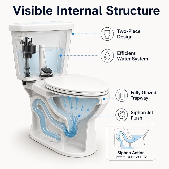 Compact 15.4 Inch Elongated Two Piece Toilet, Side Flush White Ceramic Bathroom Toilet with Soft Close Seat, 1.28 GPF Siphonic Flush, cUPC Certified, 12 Inch Rough-In