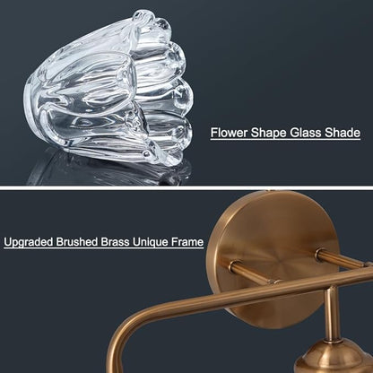 3-Light Bathroom Vanity Light Gold, Vintage Vanity Light Fixtures Over Mirror, Brass Bathroom Light with Flower Glass Shade, Art Deco Wall Sconce Lighting for Bedroom, Living Room