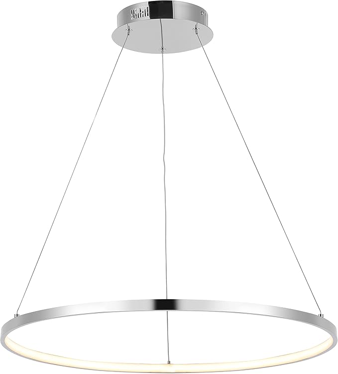 JONATHAN Y 23.75" Chrome Modern Integrated LED Pendant Light, Dimmable Round Hoop Chandelier for Kitchen Island, Dining Room, Adjustable Height Metal Hanging Light (JYL7203C)