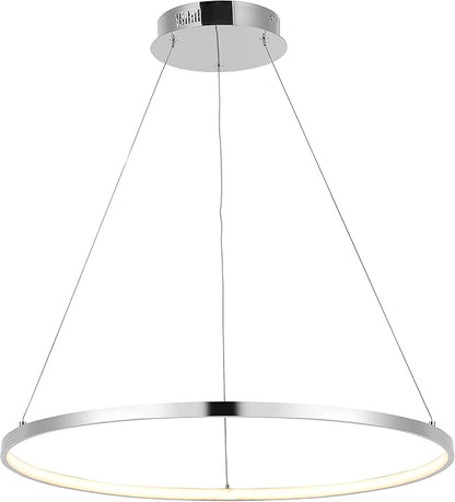 JONATHAN Y 23.75" Chrome Modern Integrated LED Pendant Light, Dimmable Round Hoop Chandelier for Kitchen Island, Dining Room, Adjustable Height Metal Hanging Light (JYL7203C)