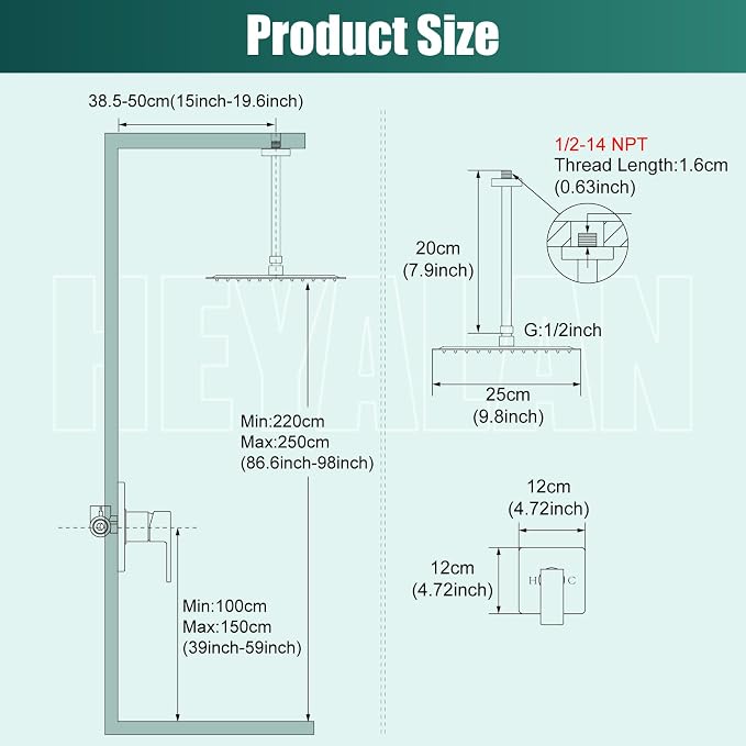 Heyalan 10-Inch Ceiling Mount Shower Faucet Set with Valve, Polish Chrome | Rainfall shower head, ceiling-mount design, SUS304 steel, adjustable angle, single-handle control