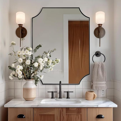 22"x30" Matte Black Mirror for Bathroom Sink | Scalloped Mirror for Bathroom, Unique Rectangle Mirror in Premium Stainless Steel Frame, Deep 1", Ideal for Bathroom Remodel