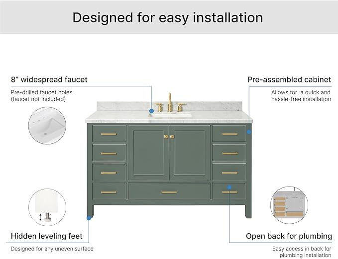 ARIEL Cambridge 60-inch Bathroom Vanity with Sink,Solid Wood, 1.5-inch Italian Carrara Marble Countertop, Single Rectangular Porcelain Sink, 2 Soft Closing Doors, 9 Dovetail Drawers, Vintage Green