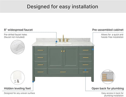 ARIEL Cambridge 60-inch Bathroom Vanity with Sink,Solid Wood, 1.5-inch Italian Carrara Marble Countertop, Single Rectangular Porcelain Sink, 2 Soft Closing Doors, 9 Dovetail Drawers, Vintage Green