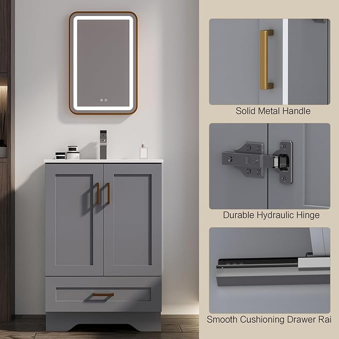 24 inch Bathroom Vanity with Sink, Modern Grey Vanity for Bathroom with Undermount Ceramic Sink, Freestanding 2-Door & 1-Drawer Storage Cabinet, for Small Bathroom Space, (Grey, 24")