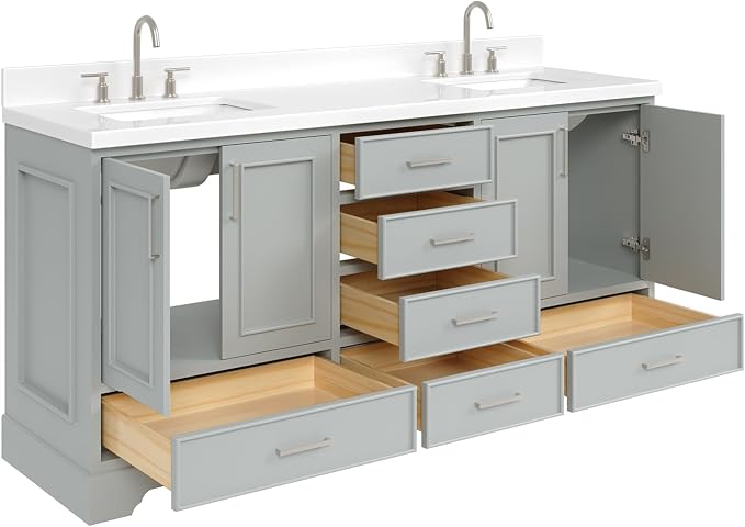 Langford 72-inch Grey Bathroom Vanity with Left & Right Rectangle Double Sinks, Pure White Quartz Countertop & Backsplash, Solid Wood Frame, Soft-Closing & Dovetail Drawers
