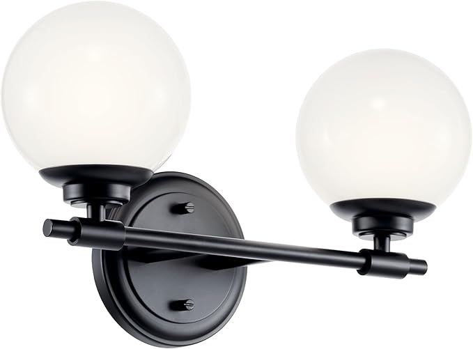 Kichler Benno 2-Light Vanity, Modern Light with Opal Glass in Black, for Bathroom or Powder Room (8.75" x 14.75"), 55171BK