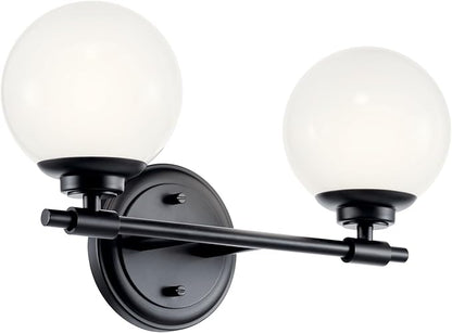 Kichler Benno 2-Light Vanity, Modern Light with Opal Glass in Black, for Bathroom or Powder Room (8.75" x 14.75"), 55171BK