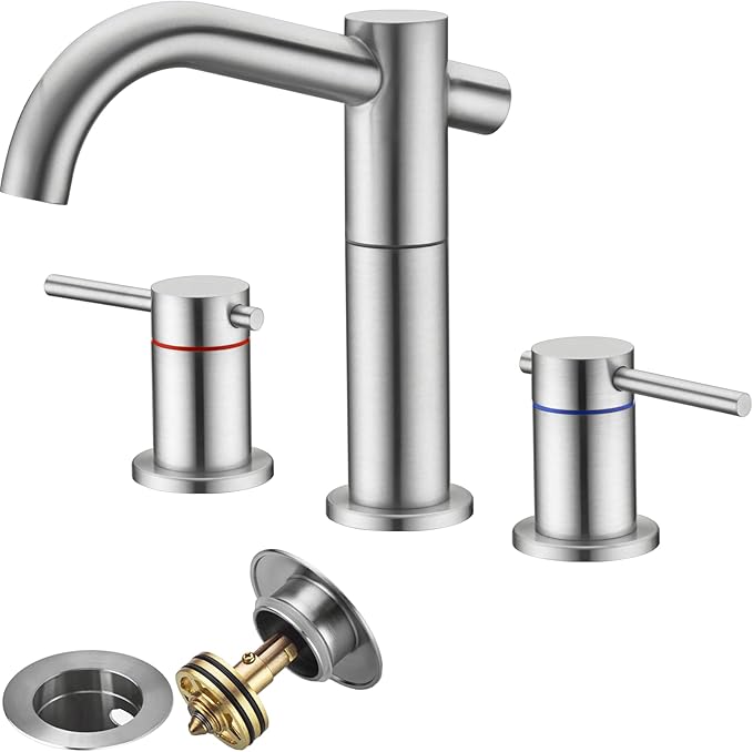 8" Widespread Brushed Nickel Bathroom Faucet | 2-Handle 3-Hole Brass Sink Faucet with 360° Swivel Spout, Metal Drain & DOE 2.2GPM (cUPC Waterline)