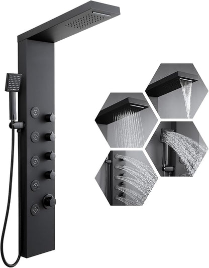 ROVATE 4-in-1 Rainfall Waterfall Shower Panel Tower System, Matte Black | Shower Column with Body Massage Jets and Handheld, Stainless Steel High Pressure, Use Multiple Functions Simultaneously