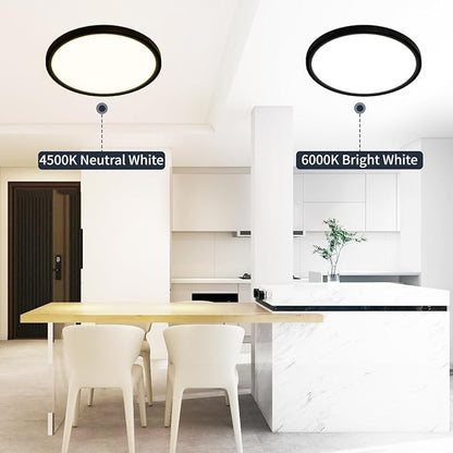 16 Inch Flush Mount Ceiling Light, 28W Dimmable LED Fixture 2800LM, 3000K/4500K/6000K Adjustable, Round Ceiling Lamp for Bedroom, Kitchen, Living Room, Dining Room, Bathroom, Black