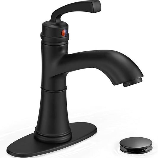 Brass Bathroom Faucets One Hole, Black Bathroom Sink Faucet 4 Inch Single Handle Bathroom Faucet 3 Hole, Vanity Faucet with Deck Plate & Pop-up Drain, No Splashing