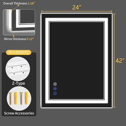 24"x42" LED Bathroom Mirror with Lights, Anti-Fog, Backlit + Front Lit, Dimmable, Led Vanity Mirror for Wall, Lighted Bathroom Mirror, 3 Colors, Shatter-Proof Tempered Glass