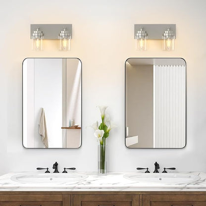 IZORRO Bathroom Vanity Light Fixture, 2-Light 15 Inch Brushed Nickel Bathroom Light Fixtures Over Mirror, with Clear Glass Shade, Modern Farmhouse Vanity Lights, Rustic Restroom Lighting Fixtures