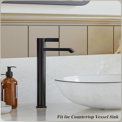 Phiestina Single Hole Matte Black Tall Bathroom Vessel Sink Faucet,Single Handle Waterfall Above Counter Sink Sink Faucet with Metal Pop Up Drain Without Overflow and Water Supply Line,FH04-MB-V