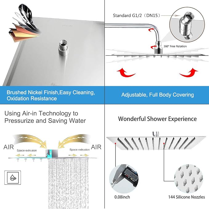 NearMoon Square Rain Shower Head With Extension Arm, Large Stainless Steel Rainfall Shower-Waterfall Full Body Coverage (12 Inch, Nickel)