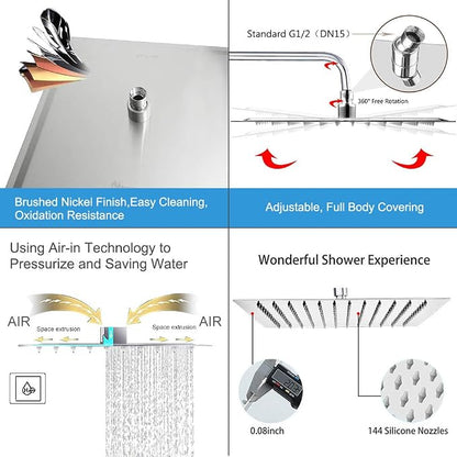 NearMoon Square Rain Shower Head With Extension Arm, Large Stainless Steel Rainfall Shower-Waterfall Full Body Coverage (12 Inch, Nickel)