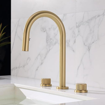 3 Hole Basin Mixer Faucet Pull Brass 3 Hole Bathroom Faucets Dual Mode 2 Handles-Brushed Gold