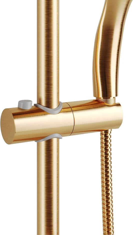 PULSE ShowerSpas Kauai III Brushed Gold Rain Shower Head with Handheld Spray - 2.5 GPM, 8" Showerhead, 5-Function HandShower, Adjustable Slide Bar - Shower Heads with Handheld Spray Combo