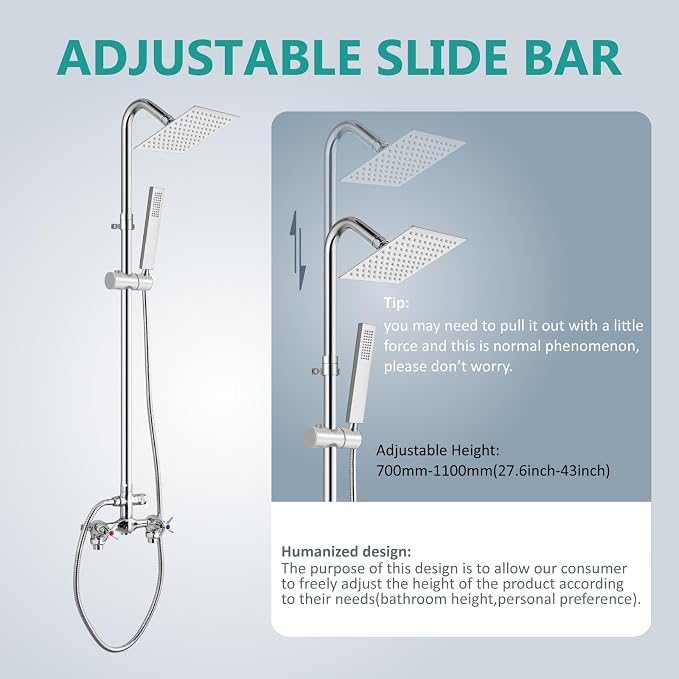 Aolemi Outdoor Shower Kit with Handheld,Square Rain Shower,Polish Chrome | 2-Handle Hot and Cold Control, Adjustable Height, 6-Inch Center Valve, 59-Inch Hose, Winter Drainage Outdoor Shower Fixtures