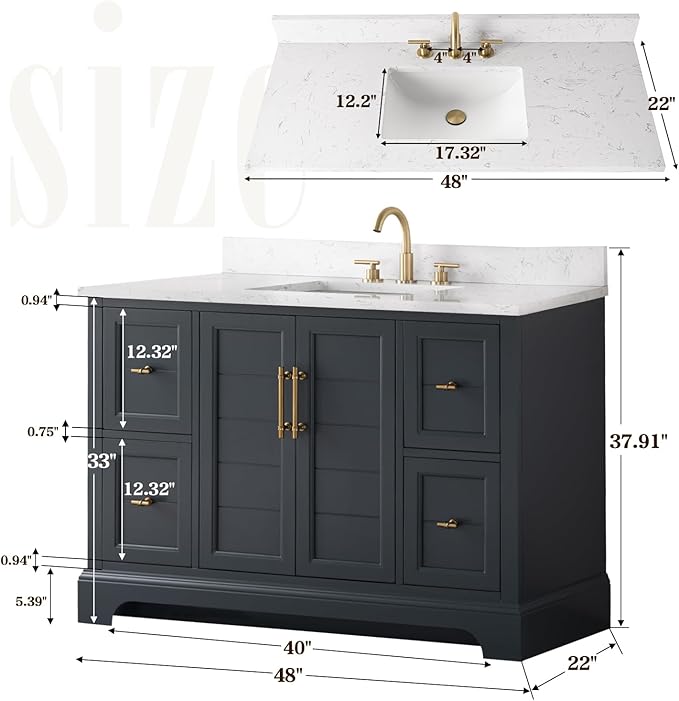 Vanity Art 48 Inch Single Sink Bathroom Vanity with Stone Top | Undermount Rectangular Sink Cabinet Soft Closing Doors, Dovetailed Drawers, No Mirror VA5048-VSB