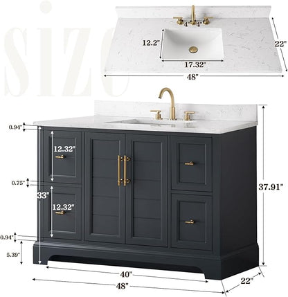 Vanity Art 48 Inch Single Sink Bathroom Vanity with Stone Top | Undermount Rectangular Sink Cabinet Soft Closing Doors, Dovetailed Drawers, No Mirror VA5048-VSB