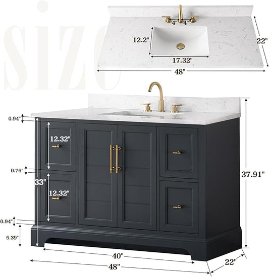 Vanity Art 48 Inch Single Sink Bathroom Vanity with Stone Top | Undermount Rectangular Sink Cabinet Soft Closing Doors, Dovetailed Drawers, No Mirror VA5048-VSB