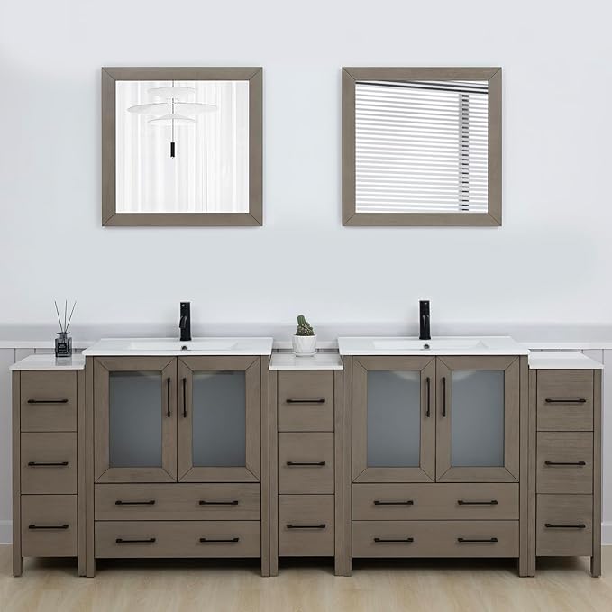 Vanity Art 96 Inch Under Mount Double Sink Bathroom Vanity Cabinet with 2 Mirrors, Ceramic Top Bathroom Cabinet Compact Set with 13 Dovetail Storage Drawers and Matte Black Handles, VA3030-96-DG