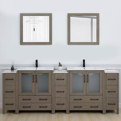 Vanity Art 96 Inch Under Mount Double Sink Bathroom Vanity Cabinet with 2 Mirrors, Ceramic Top Bathroom Cabinet Compact Set with 13 Dovetail Storage Drawers and Matte Black Handles, VA3030-96-DG