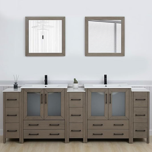 Vanity Art 96 Inch Under Mount Double Sink Bathroom Vanity Cabinet with 2 Mirrors, Ceramic Top Bathroom Cabinet Compact Set with 13 Dovetail Storage Drawers and Matte Black Handles, VA3030-96-DG