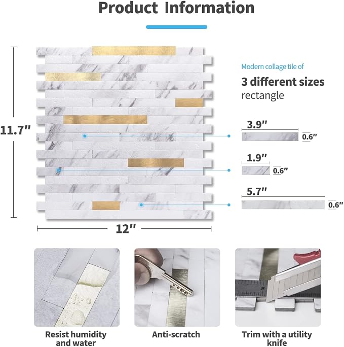 Art3d Faux Stone Peel & Stick Backsplash Tile, 10pcs, White with Metal Gold | PVC, Multi-Style Decor Sheets, Waterproof, Traceless Peel, No Wall Damage, Ideal for Kitchen