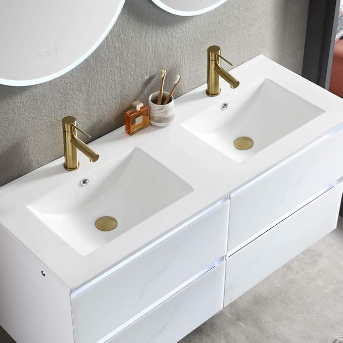 Blossom 48 inch Double Bathroom Vanity with Ceramic Sinks, LED Lighted | Wall Mounted Floating Vanity with 2 Sinks, Dimmable LED Lights | Modern Floating Design for Bathrooms | Calacatta White