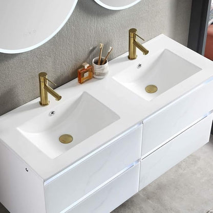 Blossom 48 inch Double Bathroom Vanity with Ceramic Sinks, LED Lighted | Wall Mounted Floating Vanity with 2 Sinks, Dimmable LED Lights | Modern Floating Design for Bathrooms | Calacatta White