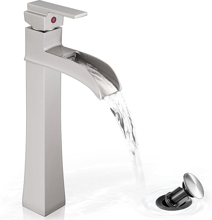 Brushed Nickel Bathroom Vessel Sink Faucet, 12 Inch Brass Waterfall Tall Bathroom Faucet 1 Hole with Drain, Single Handle for Countertop Vanity Modern Retro Farmhouse Bowl Sink, 5 Mins Install
