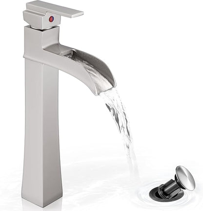 Brushed Nickel Bathroom Vessel Sink Faucet, 12 Inch Brass Waterfall Tall Bathroom Faucet 1 Hole with Drain, Single Handle for Countertop Vanity Modern Retro Farmhouse Bowl Sink, 5 Mins Install
