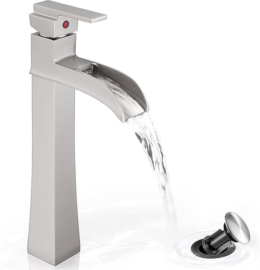 Brushed Nickel Bathroom Vessel Sink Faucet, 12 Inch Brass Waterfall Tall Bathroom Faucet 1 Hole with Drain, Single Handle for Countertop Vanity Modern Retro Farmhouse Bowl Sink, 5 Mins Install