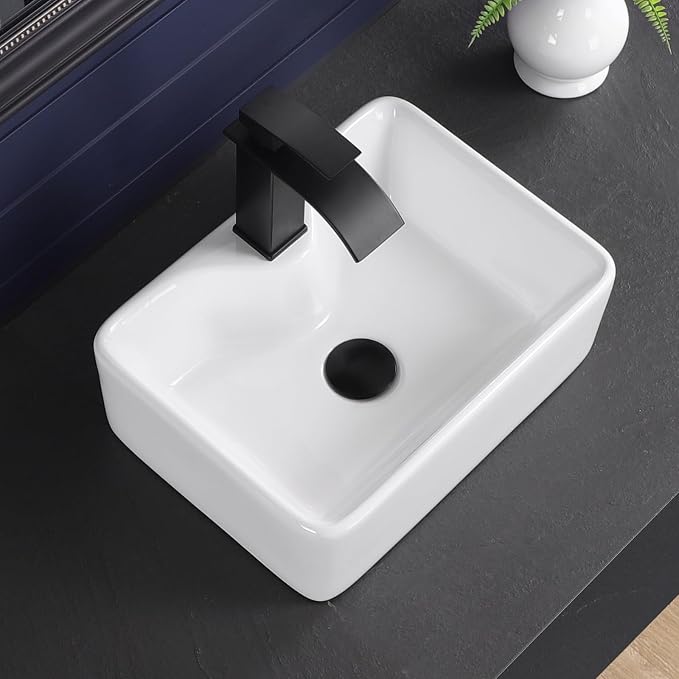 16"x12" Vessel Sink Bathroom Rectangular Sink Modern White Porcelain Ceramic Above Counter Drop-in Vanity Sink for Bathrooms Art Basin with Faucet Hole