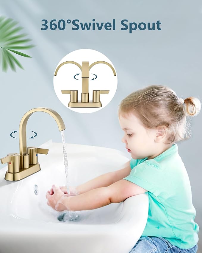 Aolemi Bathroom Faucets for Sink 3 Hole,4 Inch Centerset Waterfall Faucet 2 Handle for Bathroom Sink with Pop-Up Drain and Supply Lines Brushed Gold