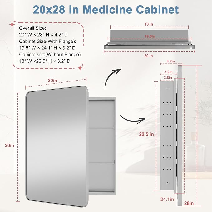20x28 in Bathroom Medicine Cabinet with Mirror, Matte Silver | Fully Assembled; Recessed or Surface Wall Mount; Metal Cabinet with Tempered Glass Mirror and Two Adjustable Glass Shelves