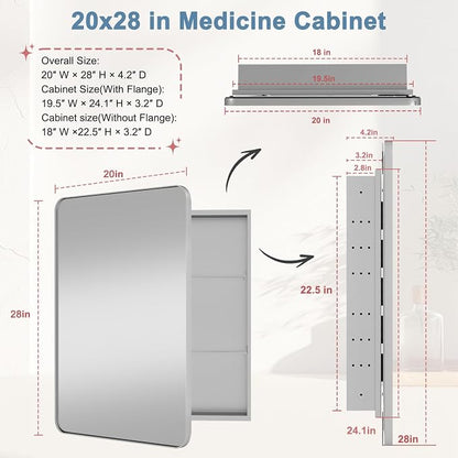 20x28 in Bathroom Medicine Cabinet with Mirror, Matte Silver | Fully Assembled; Recessed or Surface Wall Mount; Metal Cabinet with Tempered Glass Mirror and Two Adjustable Glass Shelves