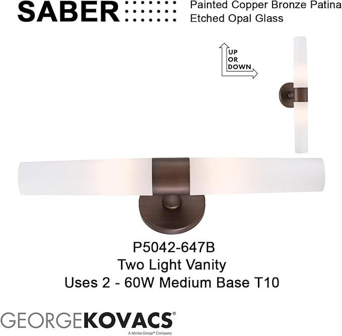 GEORGE KOVACS P5042-647B Saber Vanity Bath Light, 2-Light, 120 Total Watts, 4.75-in H x 20-in W, Painted Copper Bronze Patina