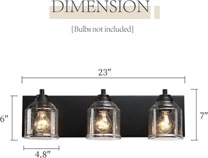 Vanity Lights for Bathroom Large 23", Farmhouse Rustic Vanity Light with Bubble Glass Shades, Black 3 Light Bathroom Lighting Fixtures Over Mirror, Bath Wall Sconce Home Decor