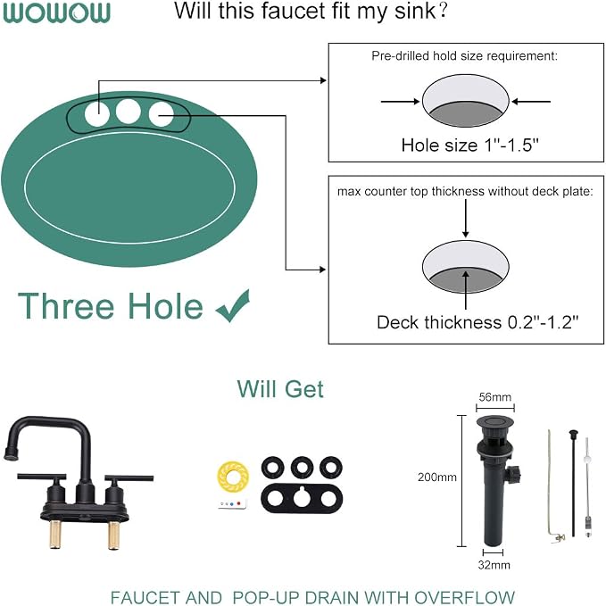 WOWOW Oil Rubbed Bronze Bathroom Faucet for Bathroom Sink Faucet 3 Hole Lavatory Faucet 2 Handle Vanity Faucet with Drain and Supply Hose Mixer Tap High Arc Swivel Spout