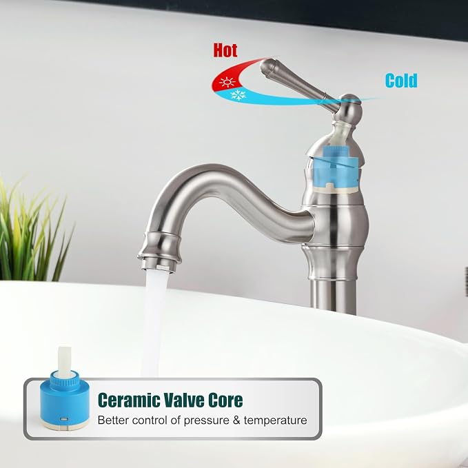 Heyalan Tall Vessel Sink Faucet, Single Handle 1-Hole,Brushed Nickel | SUS304 stainless steel, 360° swivel spout, includes pop-up drain & hoses, deck mount 1-hole, tall design for vessel sink