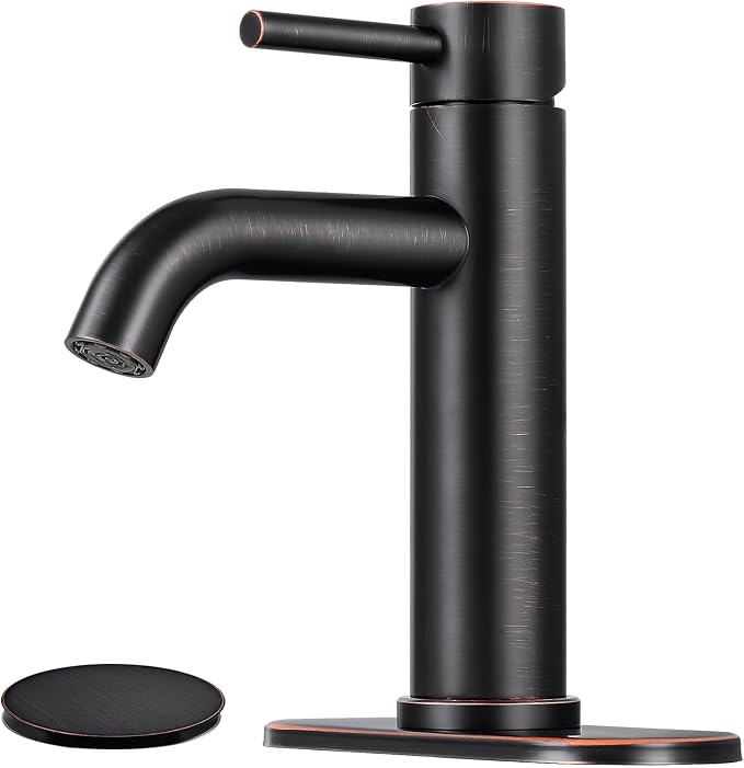 Bathroom Faucet, Single Handle Vanity Sink Faucet, Oil Rubbed Bronze | ORB, for 1/3-Hole, Stainless Steel, Ceramic Cartridge, Pop-Up Drain, Deck Plate, For Vanity Powder Laundry