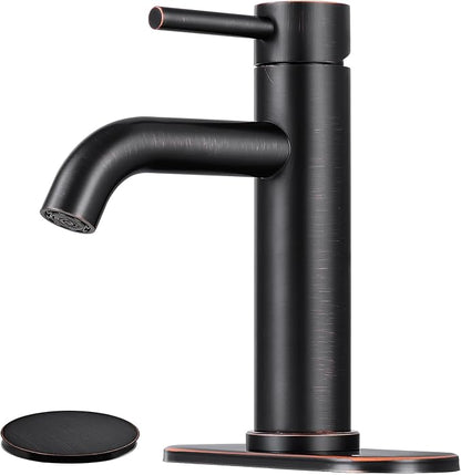Bathroom Faucet, Single Handle Vanity Sink Faucet, Oil Rubbed Bronze | ORB, for 1/3-Hole, Stainless Steel, Ceramic Cartridge, Pop-Up Drain, Deck Plate, For Vanity Powder Laundry