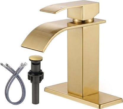 Brushed Gold Waterfall Bathroom Faucet - ARCORA Single Handle Bathroom Sink Faucet Mixer Tap Lavatory Vanity Sink Faucet with Deck Plate and Pop Up Drain, 1 or 3 Hole