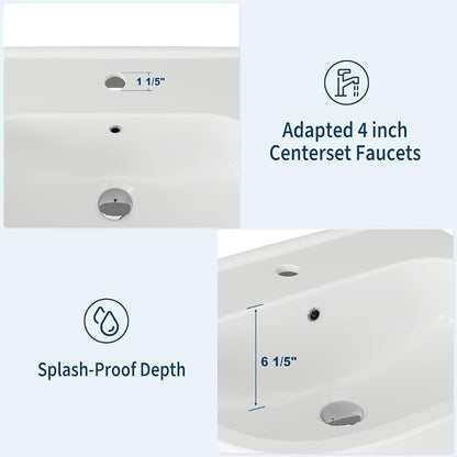 22" x 17" Pedestal Sink – White Ceramic Rectangular Bathroom Vanity with Overflow, Bathroom Pedestal Sink with 1 Faucet Hole
