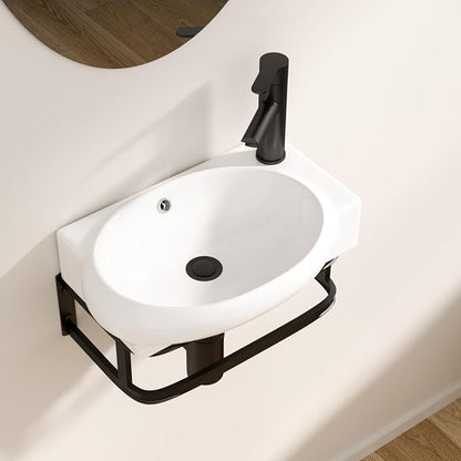 Logmey 17 Inch Wall Mount Corner Bathroom Sink 16.73"x11" Floating Sinks White Porcelain Ceramic Wall Hung Vessel Sink Wash Hand Basin with Towel Rack